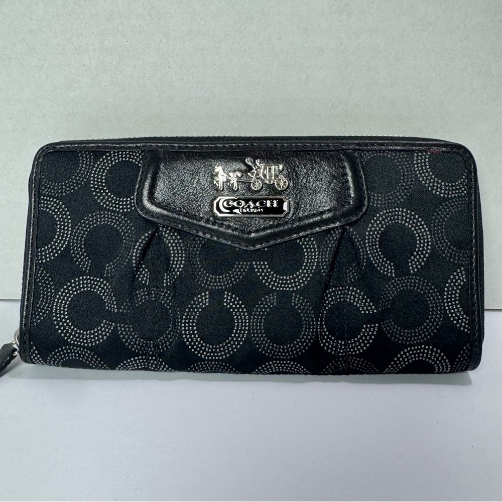 COACH Madison Dotted Op Art Black Zip-Around Accordion Wallet with Pink Interior